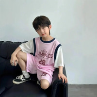 诗莉奥（SHILIAO）男童运动套装夏季短袖球服套装2025宝宝薄款速干假两件篮球服 M粉色球服套装 90 cm