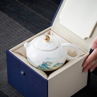 金镶玉羊脂玉瓷茶壶 家用喝茶泡茶西施壶功夫茶具盒 金亭山水