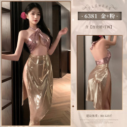 霏慕 Fee et moi 傣族风立体玫瑰点缀长裙性感露沟纯欲套装 战袍 傣族风情金+粉 连衣裙+T裤