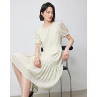 【出游度假风】夏款圆领收褶连衣裙女浪漫松弛感小个子裙子