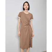 【率性通勤】夏款绣花翻袖连衣裙女收腰抽绳显瘦棉感T恤裙