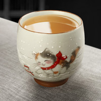 真迹陶瓷主人杯天青汝窑开片品茗杯喝茶杯套装两个杯子家用水杯礼盒 雪景2腰鼓杯套装-熊猫+雪人猫