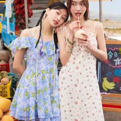 LEDIN 乐町 一字肩挂脖连衣裙夏季女收腰碎花裙短裙