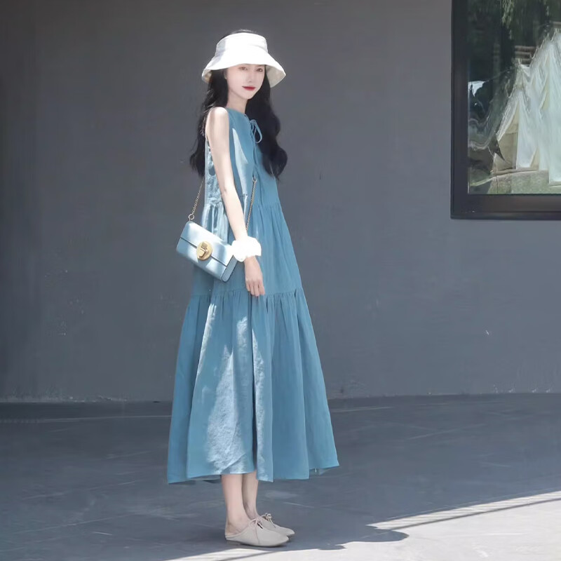 家隆名秀法式感茶歇无袖背心裙慵懒气质长裙连衣裙女装夏季新款