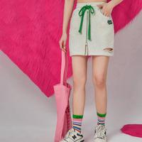 chuu 高腰抽绳破洞半身裙女春夏秋韩版拉链a字短裙