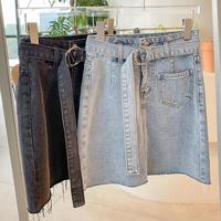 chuu 带腰带牛仔半身裙女春夏秋时尚韩版潮复古宽松小短裙