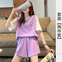 夏季假两件t恤套装女运动透气短袖T恤女纯棉亲肤休闲短裤女