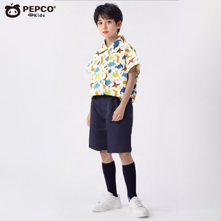 小猪班纳男女童衬衫夏季纯棉儿童时尚T恤宝宝短袖上衣夏款衬衣童装 棉衬衫简约竖条 男女同款 140 cm