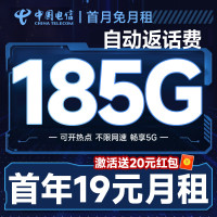 中国电信 首年19元月租+自动返话费(畅享5G+185G全国流量+首月免月租)逍遥卡可随时销户退费