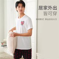 都市丽人 COSMO LADY男士款套头薄款短袖套装2022春夏时尚亲肤透气红心印花柔软男女男士睡衣 4H12A1 黑色 XL
