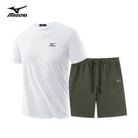 美津浓 Mizuno户外套装男夏季透气短袖T恤男半袖短裤套装休闲两件套组合装 白色+魅形黑 L