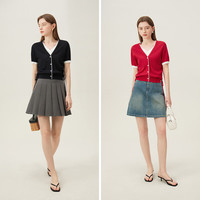 范思蓝恩假两件短袖针织开衫女2024夏季V领针织上衣24FS12195 红色 M