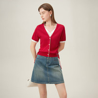 范思蓝恩假两件短袖针织开衫女2024夏季V领针织上衣24FS12195 红色 L