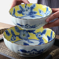 美浓烧黄彩花陶瓷碗蘸酱碟水果盘子汤面碗饭碗日式餐具 白色