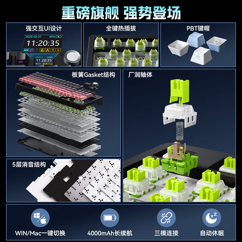 三巨SG99 Pro客制化三模机械键盘侧刻有线蓝牙游戏电竞办公电脑 gasket满填充全键热拔插带屏显-旋钮 SG99 pro-