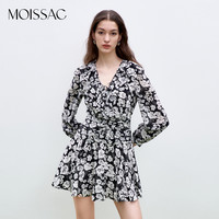 摩萨克 MOISSAC 商场同款 摩萨克春装V领系带黑白芍药印花短款长袖连衣裙女