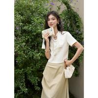 新中式国风时尚套装女2024夏短款正肩短袖t恤半身裙(需单拍
