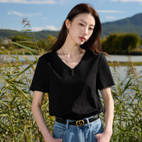 三彩大码女装2025春季V领T恤短袖上衣基础套头藏肉胖MM 经典黑 L 165/92B