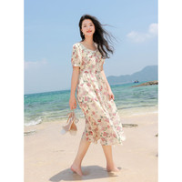 三彩大码女装2024夏季法式复古方领连衣裙公主收腰印花胖MM 玫瑰红花卉 3XL 175/104B