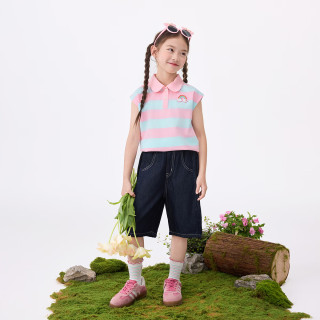 茵曼女童条纹翻领polo衫2025夏季儿童中大童立体彩虹章仔时尚无袖上衣 粉蓝条纹 150