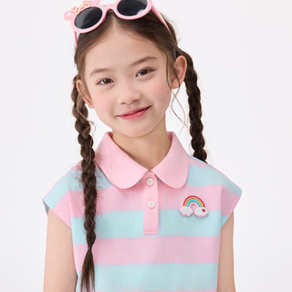 茵曼女童条纹翻领polo衫2025夏季儿童中大童立体彩虹章仔时尚无袖上衣 粉蓝条纹 150