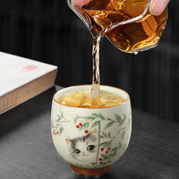 真迹陶瓷主人杯天青汝窑开片品茗杯喝茶杯套装两个杯子家用水杯礼盒 秋景2腰鼓杯套装-秋千猫+红果猫