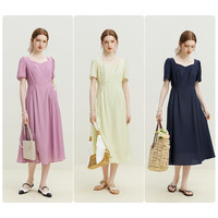 范思蓝恩23FS12603法式方领短袖连衣裙女夏气质显瘦裙子 深藏青 S