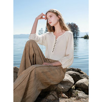 三彩 2025春季V领插肩袖衬衣宽松小衫禅意休闲风设计感M 杏色 M 16