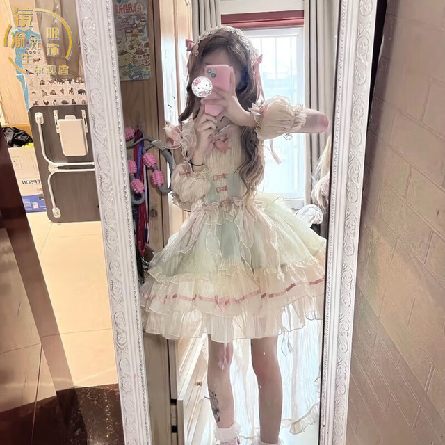 甜心洛丽塔 Honeyhoneylolita 镜渝先生泡泡熊原创设计芭蕾风Lolita连衣*生日成人礼洛丽塔lo 粉绿色Jsk+珍珠项链+
