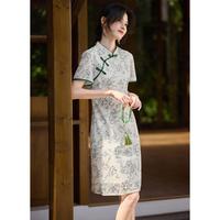 XWI【蕾丝印花新中式改良日常国风旗袍】夏绿色盘扣旗袍