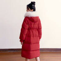 乐町牛角扣中长款羽绒服23冬季千金风连帽大毛领收腰羽绒外套 深红色 M