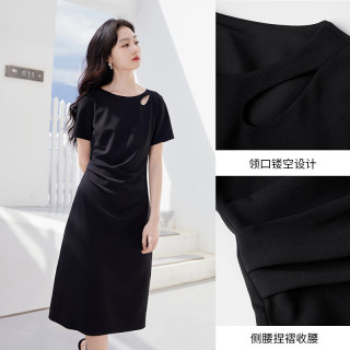 香影 法式粉色连衣裙女2025夏装t恤裙褶皱短袖温柔风收腰裙子 粉色