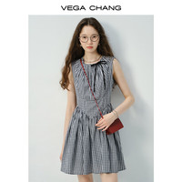 VEGA CHANG无袖格纹连衣裙女2025新款夏甜美风蝴蝶结系带连衣短裙 格纹