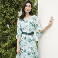 夏季V领法式印花艺术优雅水彩印花连衣裙裙子女