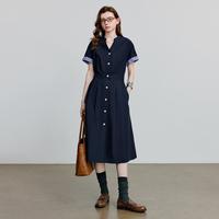 条纹翻袖衬衫裙女2025夏季凉感莱赛尔棉质V领通勤连衣裙