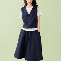 Basic House/百家好夏季休闲套装撞色假两件上衣高腰半身裙两件套