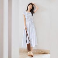 夏装简约肌理感肩部灵动搭片腰部系带女式中长无袖连衣裙