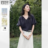2025夏装法式温柔花苞袖系带V领独特漂亮含亚麻小衫女式衬衫