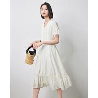 【出游度假穿搭】夏款轻奢醋酸花边拼接连衣裙V领泡泡袖裙