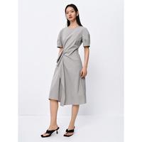 【不规则荷叶边】夏长裙设计感收腰圆领泡泡袖连衣裙女