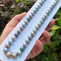 晗遐黑珍珠甄选大溪地孔雀绿混彩全珠项链极光炫彩正圆无暇极微瑕 混彩几乎无暇8-10