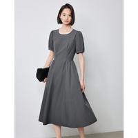 【度假风穿搭】夏款圆领泡泡袖a字裙女火龙果色连衣裙