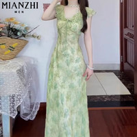 棉致法式绿色v领碎花连衣裙女夏季2025新款小个子收腰显瘦气质长裙 C3L52103-2绿色【高品质58】 L 100-115斤