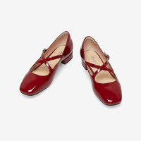 Bata玛丽珍女牛皮通勤粗跟浅口单鞋WQG30AQ3 酒红 36