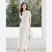 对白慵懒高级感衬衫套装裙女2025夏圆领衬衣半身裙气质两件套 米白色 L