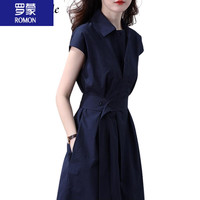 罗蒙（ROMON）女装衬衫连衣裙收腰显瘦时尚名媛气质法式设计感小众裙 藏青色 2XL 130-140斤