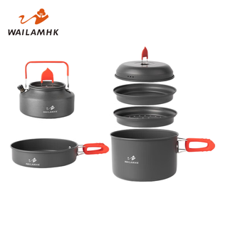 WAILAMHK户外露营套锅烧水壶野营野炊装备便携式炊具厨具锅具火焰套装 大煮锅(带蒸屉)+大煎锅+1.5水壶【硅胶把手】