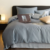 流川枫60支莱赛尔天丝床单四件套双拼纯色天丝单被套天然植物纤维套件 灰蓝色-冰川灰 HS 1.5m床单套件(被套 200cm*230cm )