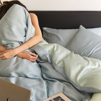 流川枫60支莱赛尔天丝床单四件套双拼纯色天丝单被套天然植物纤维套件 天空蓝-浅艾绿 HS 1.8m床单套件(被套 200cm*230cm )