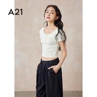 A21女装短袖t恤女夏季纯欲风设计感小个子纽扣内搭上衣 黑色 XL